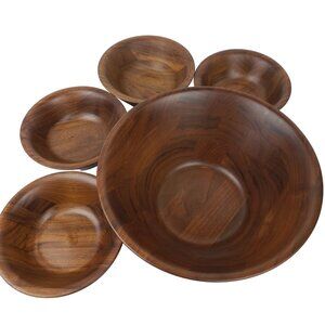 Vintage 70s Modern Burl Walnut Dark Hardwood Heavy Salad Bowl Set 4 Bowls GUC